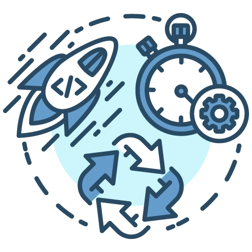 Agile Software Development Icon with Rocket, Code, and Timer