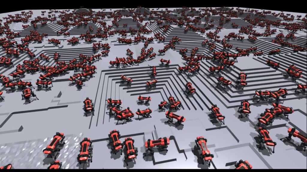 Hundreds of red dog-like robots are learning how to walk simultaneously on a virtual environment full of stairs.